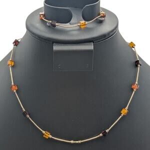 VTG 925 Sterling Silver Square Multi-Color Amber Bead 17" Necklace Bracelet Set